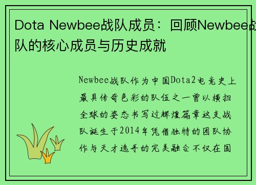 Dota Newbee战队成员：回顾Newbee战队的核心成员与历史成就