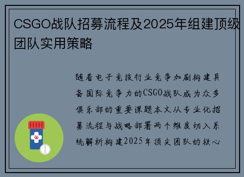 CSGO战队招募流程及2025年组建顶级团队实用策略