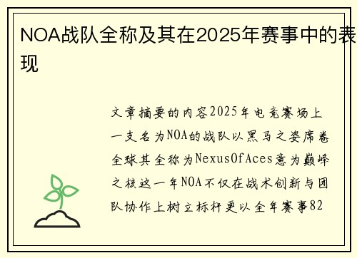 NOA战队全称及其在2025年赛事中的表现
