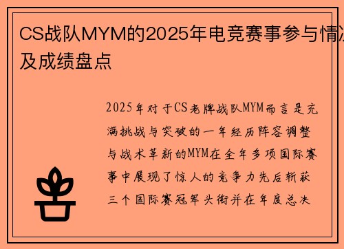 CS战队MYM的2025年电竞赛事参与情况及成绩盘点