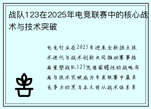 战队123在2025年电竞联赛中的核心战术与技术突破
